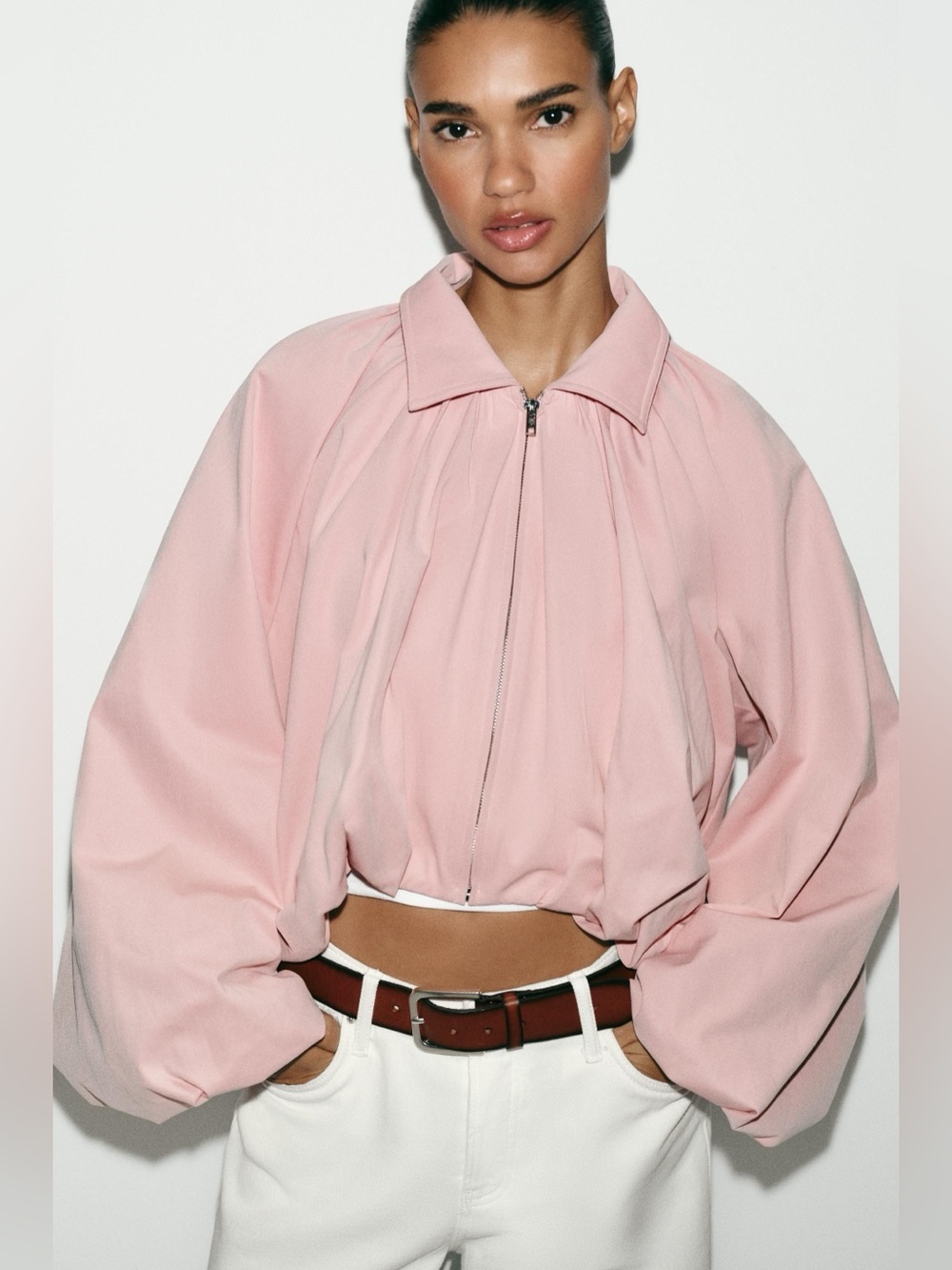 Zara NWT Dusty Rose Puffy Balloon Sleeve Zip-Up Bomber Jacket - Size S